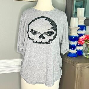 EUC L Harley Davidson WomensShort Sleeve Shirt Gray Black Rhinestone Skull 114
